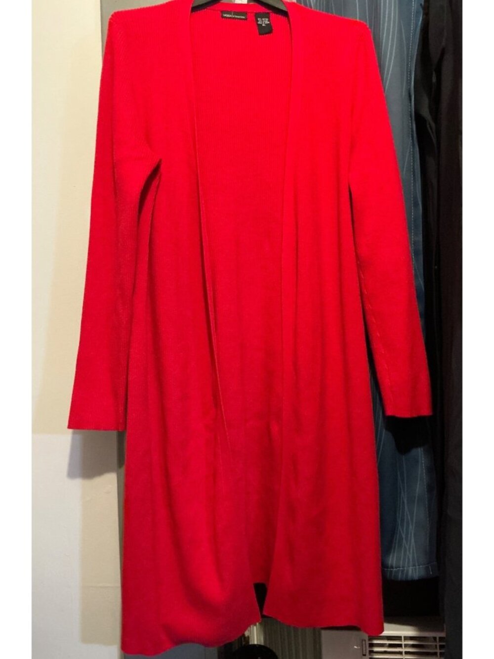 MODA International Sweater Red Long Cardigan Soft Comfortable Open Front No Clos